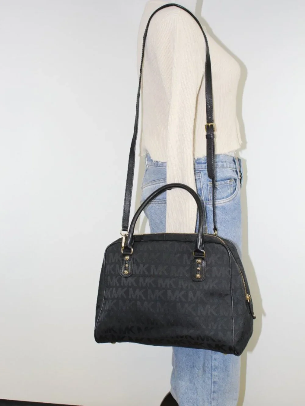 Michael Kors Black‎ Logo Satchel Canvas Leather Crossbody Bag Gold Hardware